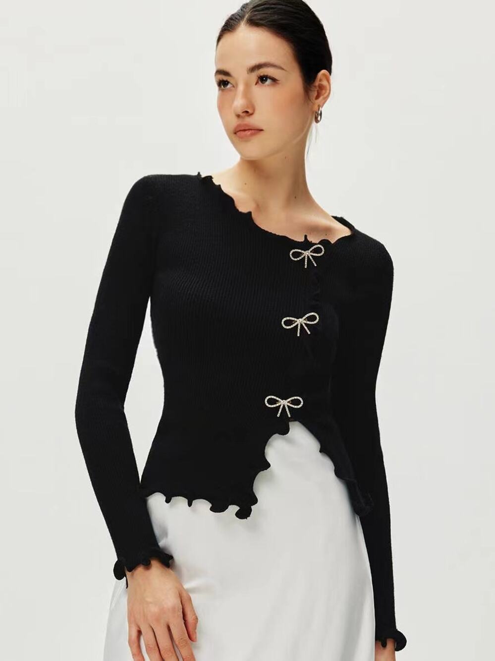 Commense Rhinestone Bow Lettuce Trim Chic Girly Black Stretch Sweater XL